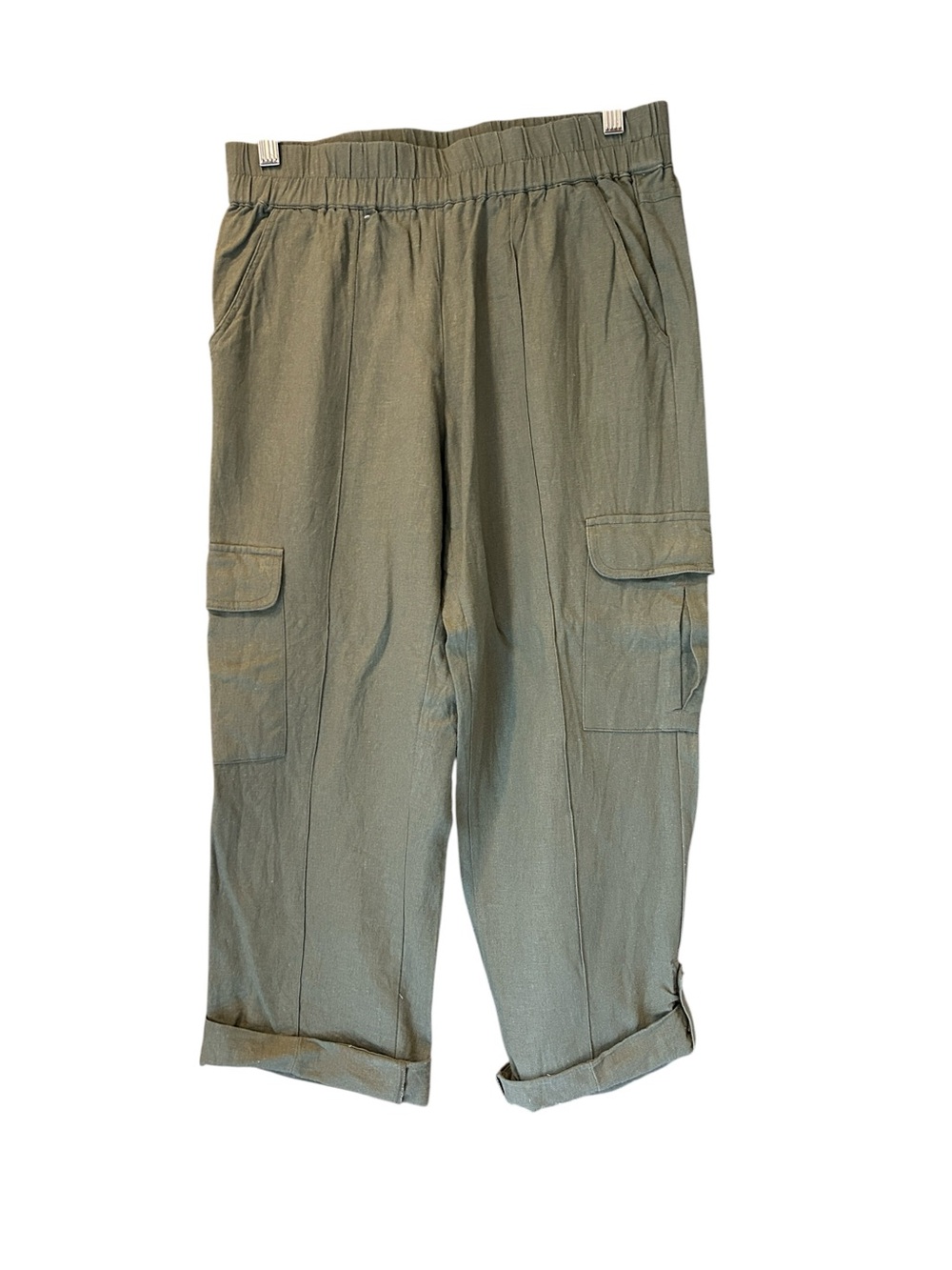 Eddie Bauer Womens Small Capri Cargo Pants Olive Green‎ Linen Blend Roll Cuff